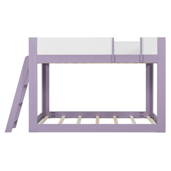 English Elm Full Size Low Bunk Bed Pine Wood Frame with Reversible Ladder and Safety Guardrails Purple LT000446AAI