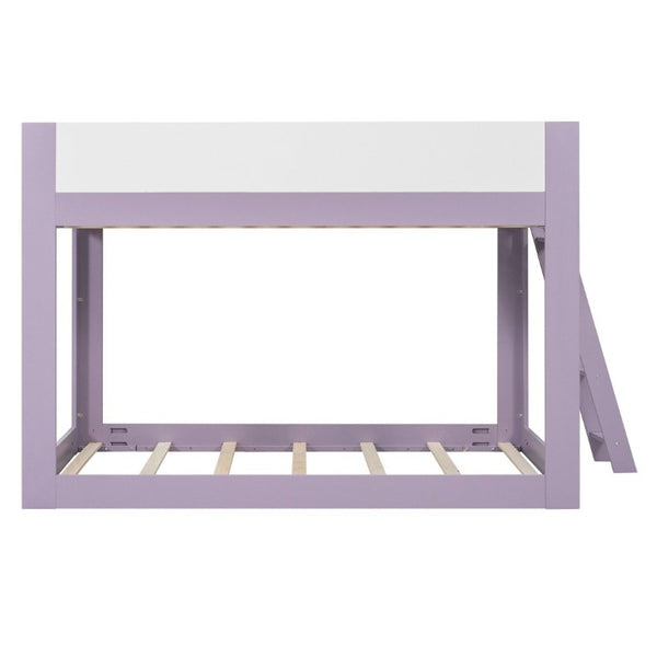 English Elm Full Size Low Bunk Bed Pine Wood Frame with Reversible Ladder and Safety Guardrails Purple LT000446AAI