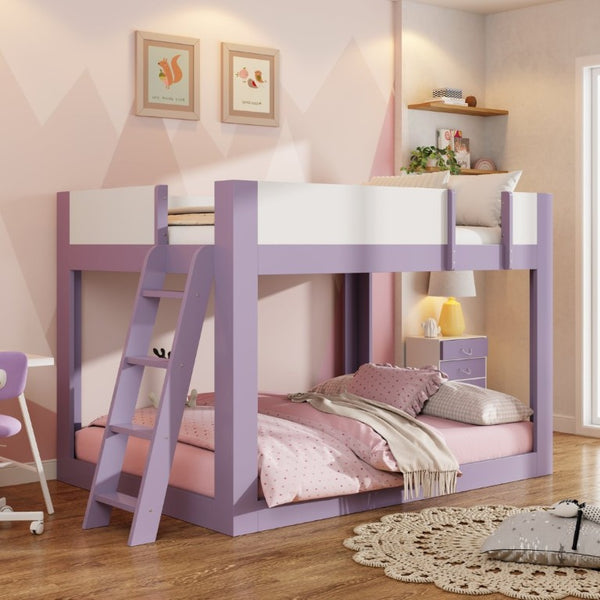 English Elm Full Size Low Bunk Bed Pine Wood Frame with Reversible Ladder and Safety Guardrails Purple LT000446AAI