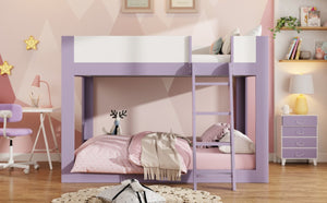 English Elm Full Size Low Bunk Bed Pine Wood Frame with Reversible Ladder and Safety Guardrails Purple LT000446AAI