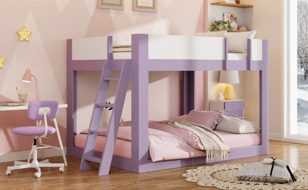 English Elm Full Size Low Bunk Bed Pine Wood Frame with Reversible Ladder and Safety Guardrails Purple LT000446AAI
