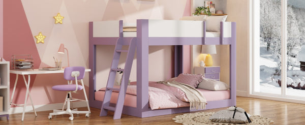 English Elm Full Size Low Bunk Bed Pine Wood Frame with Reversible Ladder and Safety Guardrails Purple LT000446AAI