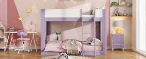 English Elm Full Size Low Bunk Bed Pine Wood Frame with Reversible Ladder and Safety Guardrails Purple LT000446AAI