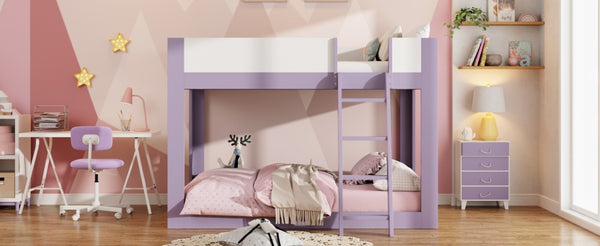 English Elm Full Size Low Bunk Bed Pine Wood Frame with Reversible Ladder and Safety Guardrails Purple LT000446AAI