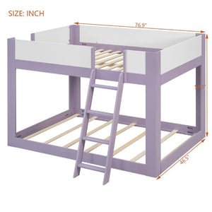English Elm Full Size Low Bunk Bed Pine Wood Frame with Reversible Ladder and Safety Guardrails Purple LT000446AAI