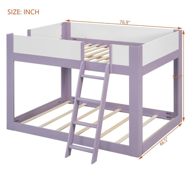 English Elm Full Size Low Bunk Bed Pine Wood Frame with Reversible Ladder and Safety Guardrails Purple LT000446AAI