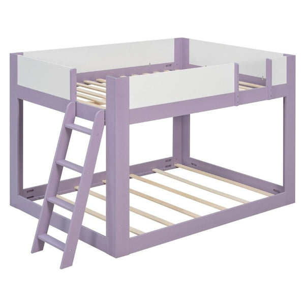 English Elm Full Size Low Bunk Bed Pine Wood Frame with Reversible Ladder and Safety Guardrails Purple LT000446AAI