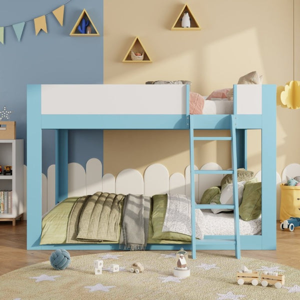 English Elm Queen Low Bunk Bed Solid Wood Slats Two Tone Frame with Guardrails for Kids Blue+White LT000447AAC