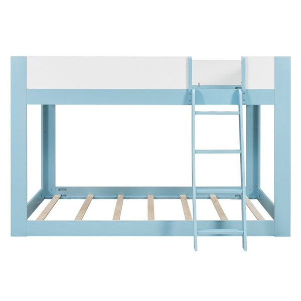 English Elm Queen Low Bunk Bed Solid Wood Slats Two Tone Frame with Guardrails for Kids Blue+White LT000447AAC