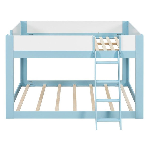 English Elm Queen Low Bunk Bed Solid Wood Slats Two Tone Frame with Guardrails for Kids Blue+White LT000447AAC