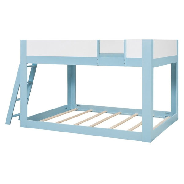 English Elm Queen Low Bunk Bed Solid Wood Slats Two Tone Frame with Guardrails for Kids Blue+White LT000447AAC