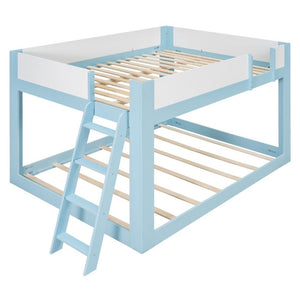 English Elm Queen Low Bunk Bed Solid Wood Slats Two Tone Frame with Guardrails for Kids Blue+White LT000447AAC