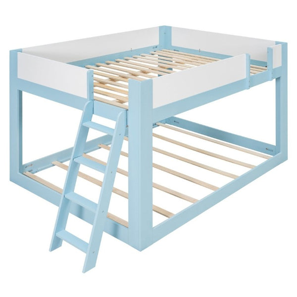 English Elm Queen Low Bunk Bed Solid Wood Slats Two Tone Frame with Guardrails for Kids Blue+White LT000447AAC