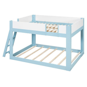 English Elm Queen Low Bunk Bed Solid Wood Slats Two Tone Frame with Guardrails for Kids Blue+White LT000447AAC