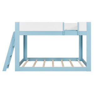 English Elm Queen Low Bunk Bed Solid Wood Slats Two Tone Frame with Guardrails for Kids Blue+White LT000447AAC