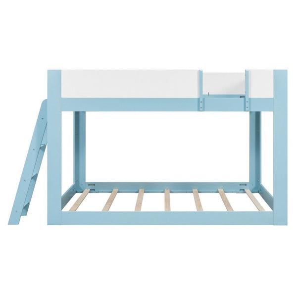 English Elm Queen Low Bunk Bed Solid Wood Slats Two Tone Frame with Guardrails for Kids Blue+White LT000447AAC