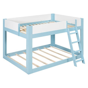English Elm Queen Low Bunk Bed Solid Wood Slats Two Tone Frame with Guardrails for Kids Blue+White LT000447AAC