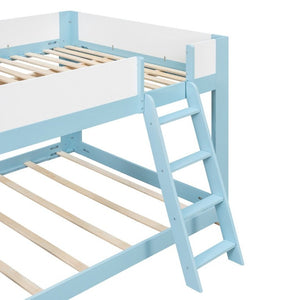 English Elm Queen Low Bunk Bed Solid Wood Slats Two Tone Frame with Guardrails for Kids Blue+White LT000447AAC