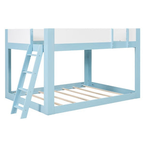 English Elm Queen Low Bunk Bed Solid Wood Slats Two Tone Frame with Guardrails for Kids Blue+White LT000447AAC