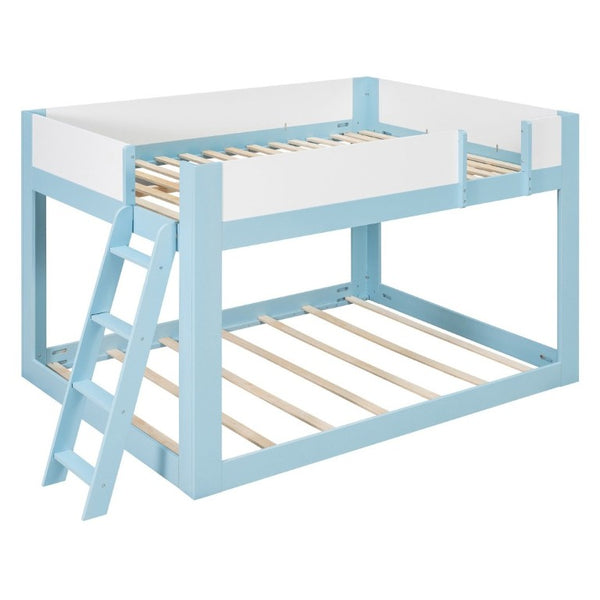 English Elm Queen Low Bunk Bed Solid Wood Slats Two Tone Frame with Guardrails for Kids Blue+White LT000447AAC