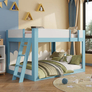 English Elm Queen Low Bunk Bed Solid Wood Slats Two Tone Frame with Guardrails for Kids Blue+White LT000447AAC
