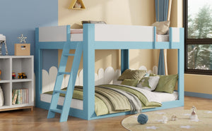 English Elm Queen Low Bunk Bed Solid Wood Slats Two Tone Frame with Guardrails for Kids Blue+White LT000447AAC