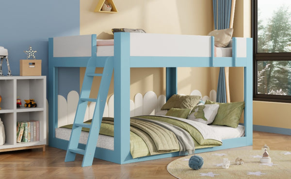 English Elm Queen Low Bunk Bed Solid Wood Slats Two Tone Frame with Guardrails for Kids Blue+White LT000447AAC