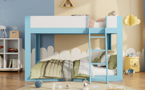 English Elm Queen Low Bunk Bed Solid Wood Slats Two Tone Frame with Guardrails for Kids Blue+White LT000447AAC
