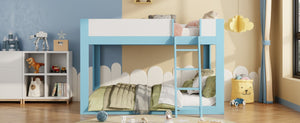 English Elm Queen Low Bunk Bed Solid Wood Slats Two Tone Frame with Guardrails for Kids Blue+White LT000447AAC