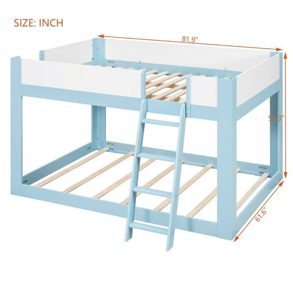 English Elm Queen Low Bunk Bed Solid Wood Slats Two Tone Frame with Guardrails for Kids Blue+White LT000447AAC