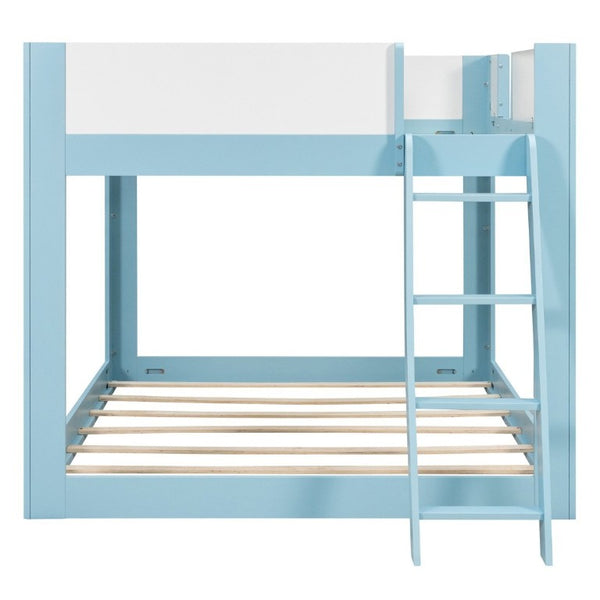 English Elm Queen Low Bunk Bed Solid Wood Slats Two Tone Frame with Guardrails for Kids Blue+White LT000447AAC