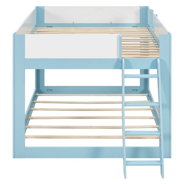 English Elm Queen Low Bunk Bed Solid Wood Slats Two Tone Frame with Guardrails for Kids Blue+White LT000447AAC