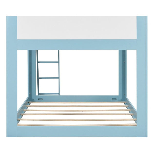 English Elm Queen Low Bunk Bed Solid Wood Slats Two Tone Frame with Guardrails for Kids Blue+White LT000447AAC