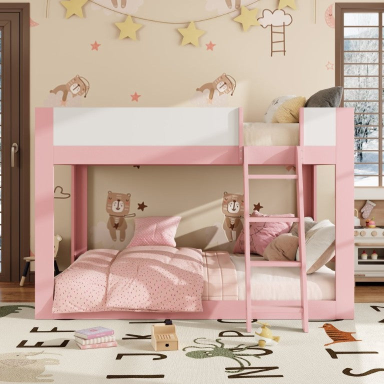 English Elm Queen Low Bunk Bed Solid Wood Slats Two Tone Frame with Guardrails for Kids Pink+White LT000447AAH