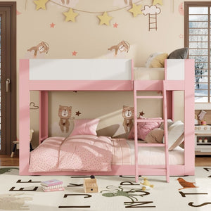 English Elm Queen Low Bunk Bed Solid Wood Slats Two Tone Frame with Guardrails for Kids Pink+White LT000447AAH