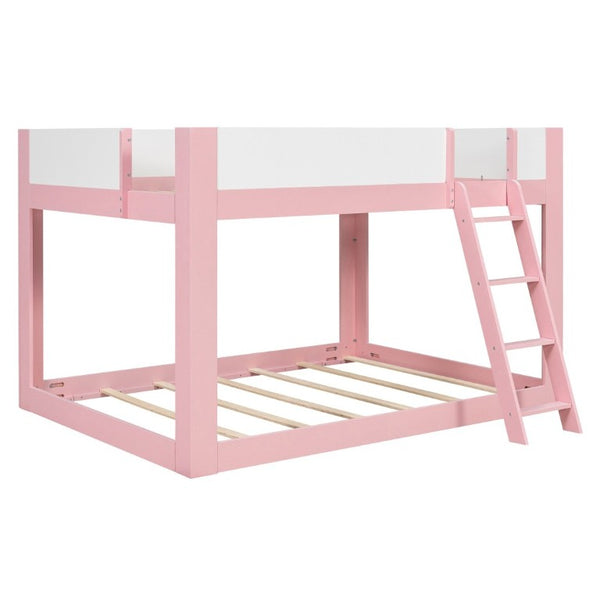 English Elm Queen Low Bunk Bed Solid Wood Slats Two Tone Frame with Guardrails for Kids Pink+White LT000447AAH