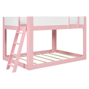 English Elm Queen Low Bunk Bed Solid Wood Slats Two Tone Frame with Guardrails for Kids Pink+White LT000447AAH