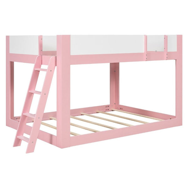 English Elm Queen Low Bunk Bed Solid Wood Slats Two Tone Frame with Guardrails for Kids Pink+White LT000447AAH