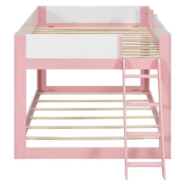 English Elm Queen Low Bunk Bed Solid Wood Slats Two Tone Frame with Guardrails for Kids Pink+White LT000447AAH