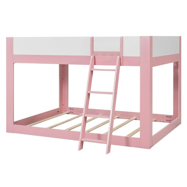 English Elm Queen Low Bunk Bed Solid Wood Slats Two Tone Frame with Guardrails for Kids Pink+White LT000447AAH