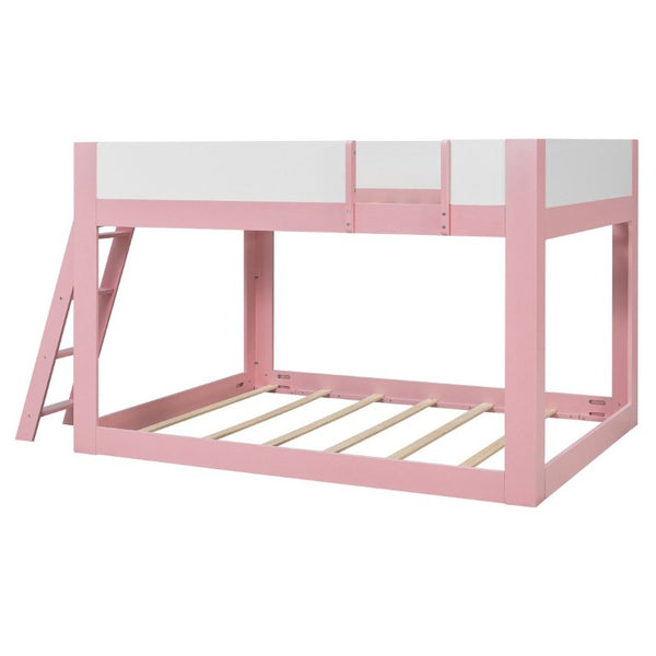 English Elm Queen Low Bunk Bed Solid Wood Slats Two Tone Frame with Guardrails for Kids Pink+White LT000447AAH