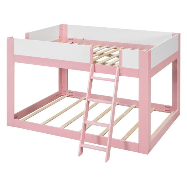 English Elm Queen Low Bunk Bed Solid Wood Slats Two Tone Frame with Guardrails for Kids Pink+White LT000447AAH