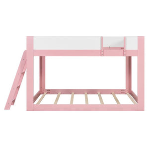 English Elm Queen Low Bunk Bed Solid Wood Slats Two Tone Frame with Guardrails for Kids Pink+White LT000447AAH