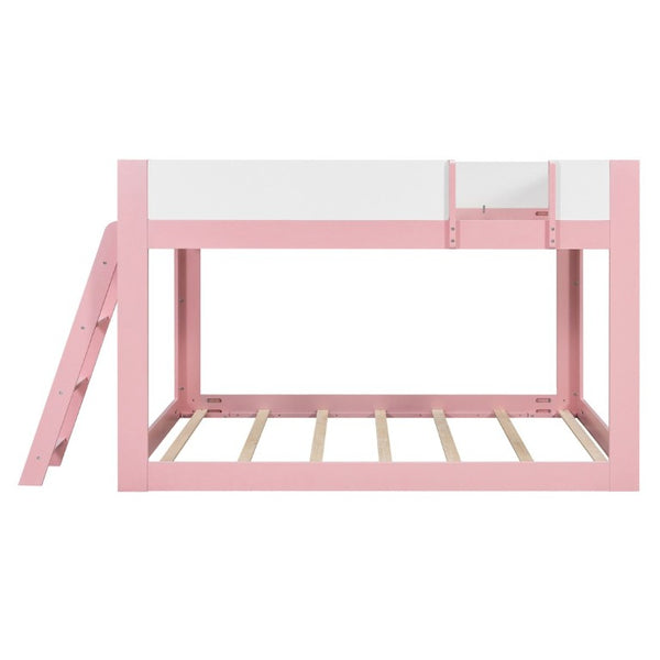 English Elm Queen Low Bunk Bed Solid Wood Slats Two Tone Frame with Guardrails for Kids Pink+White LT000447AAH