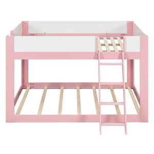English Elm Queen Low Bunk Bed Solid Wood Slats Two Tone Frame with Guardrails for Kids Pink+White LT000447AAH