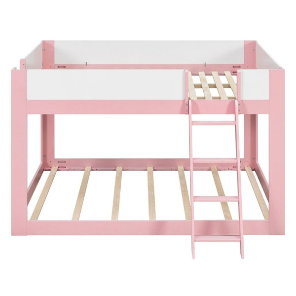 English Elm Queen Low Bunk Bed Solid Wood Slats Two Tone Frame with Guardrails for Kids Pink+White LT000447AAH