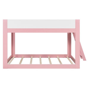 English Elm Queen Low Bunk Bed Solid Wood Slats Two Tone Frame with Guardrails for Kids Pink+White LT000447AAH