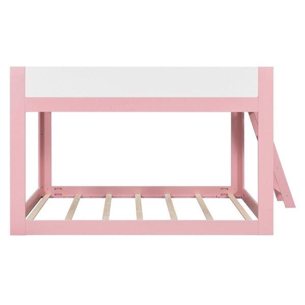 English Elm Queen Low Bunk Bed Solid Wood Slats Two Tone Frame with Guardrails for Kids Pink+White LT000447AAH