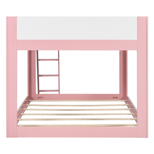 English Elm Queen Low Bunk Bed Solid Wood Slats Two Tone Frame with Guardrails for Kids Pink+White LT000447AAH