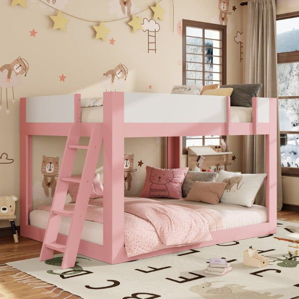 English Elm Queen Low Bunk Bed Solid Wood Slats Two Tone Frame with Guardrails for Kids Pink+White LT000447AAH